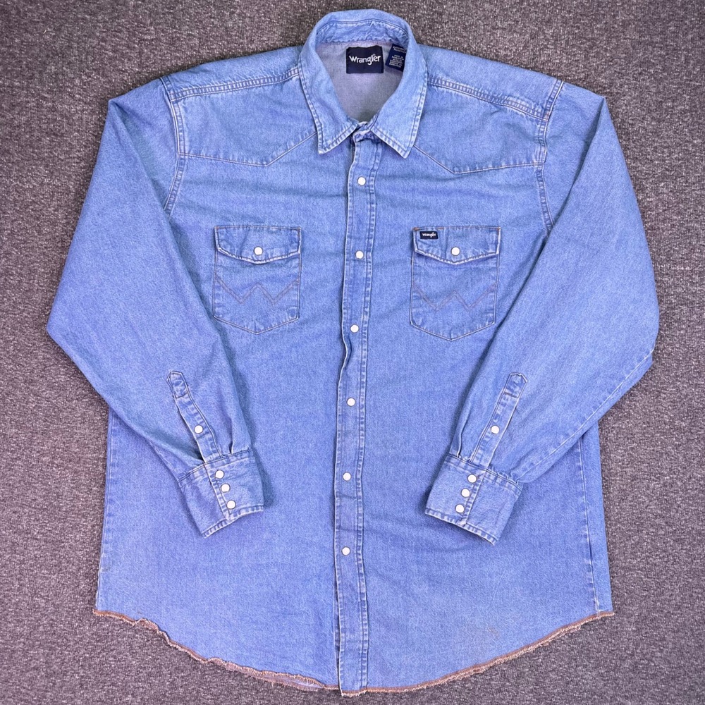 VTG Wrangler Denim Shirt Mens 2XT Blue Western Pearl Snap Work Rodeo Cowboy Jean